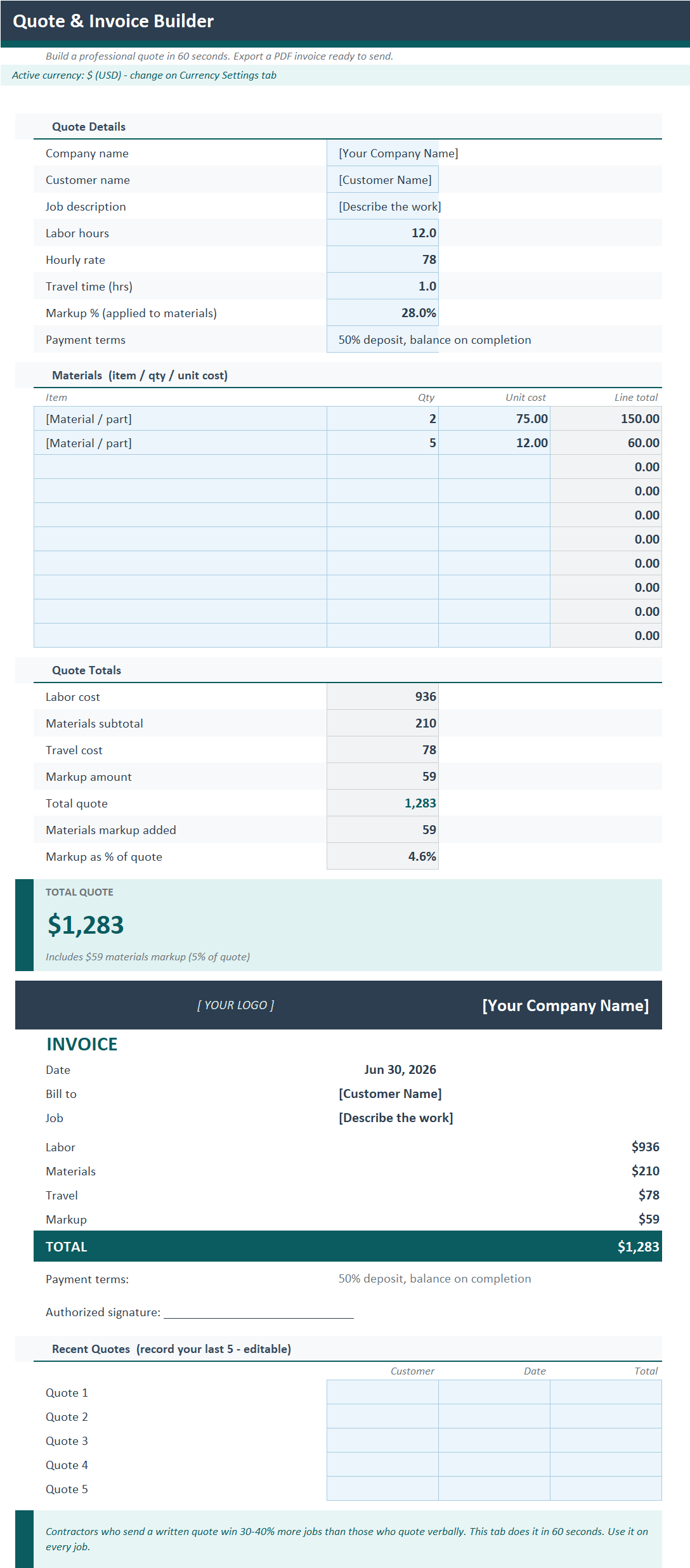 Quote and Invoice Builder tab